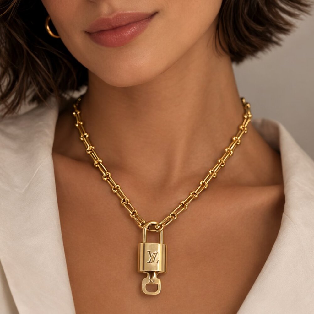 Authentic Louis Vuitton Padlock Pendant with Unbranded 18k Stainless Steel Chain